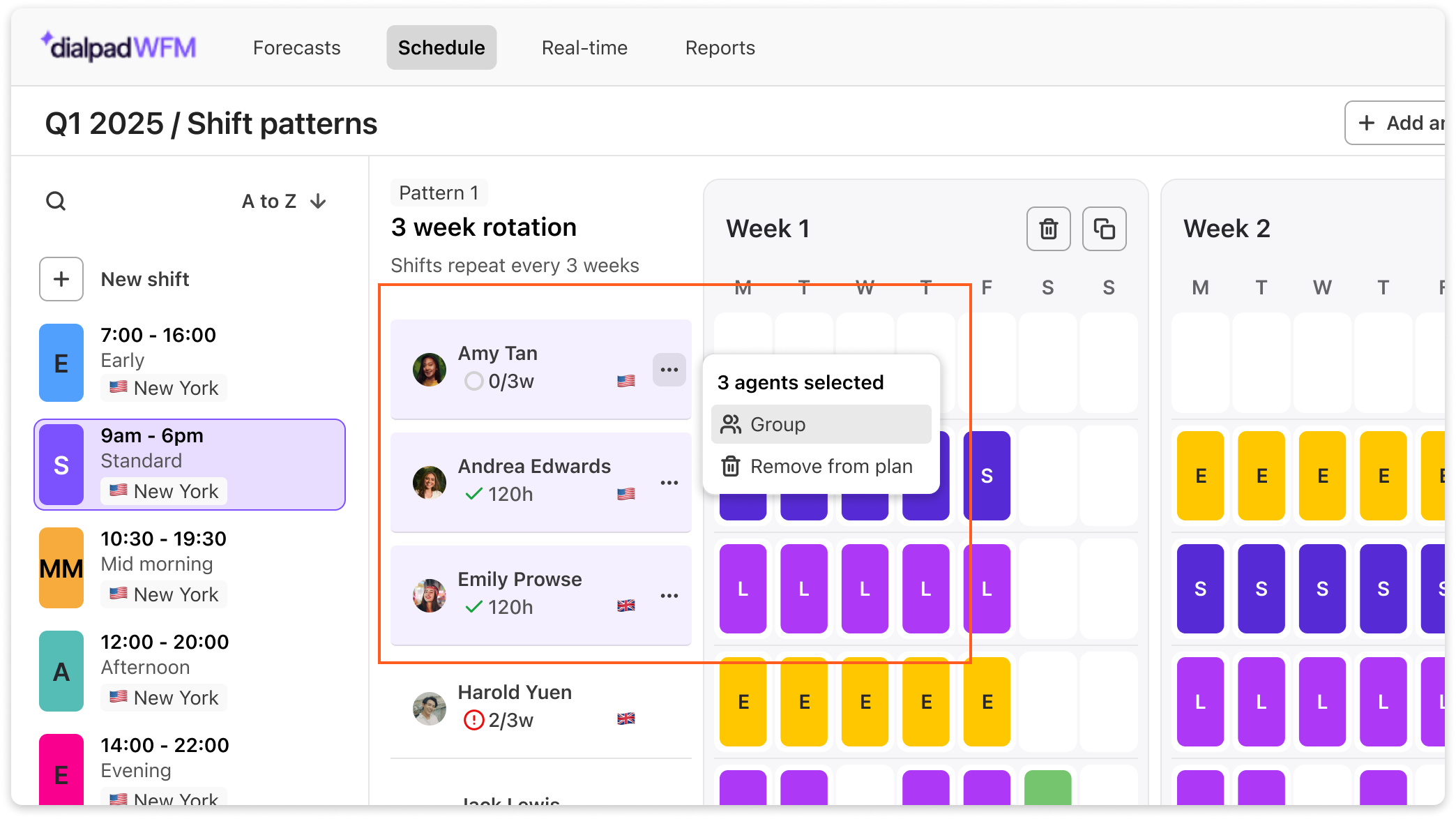 Shift schedule for agents with selected agents and their hours displayed clearly.